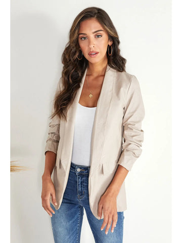 3/4 Ruched Sleeve Faux Leather Blazer in Beige