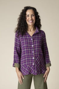Button Front Tunic in Plum & Olive Plaid