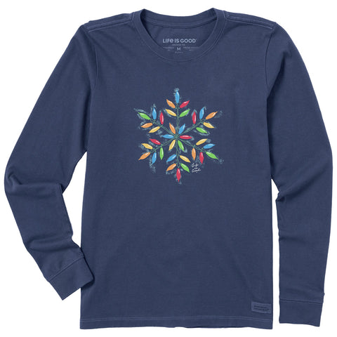Women's Snowflake Holiday Lights Long Sleeve Crusher Tee in Darkest Blue