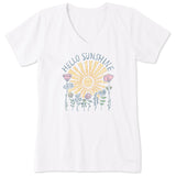 Women's Hello Sunshine Sun & Flowers Short Sleeve Crusher Vee in White
