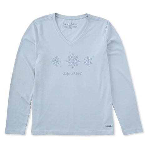 Women's Three Doodle Snowflakes Long Sleeve Crusher V Neck