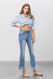 Long Bottom Frayed Crop Flare Jeans