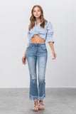 Long Bottom Frayed Crop Flare Jeans