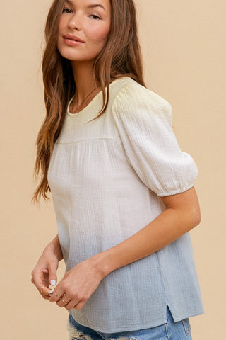 PUFF SLEEVE TEXTURE BLOUSE in Lemon and White