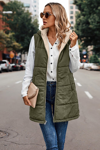 Faux Fur Zipper Front Open Pockets Coat in Green