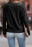 Lace Trim V Neck Long Sleeve Top in Black