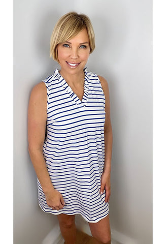 Sleeveless Dress with Ruffled V Neck Blue and White Striped