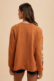 Floral Embroidered Sleeve Mineral Wash Knit Top