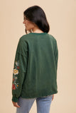 Floral Embroidered Sleeve Mineral Wash Knit Top
