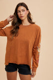 Floral Embroidered Sleeve Mineral Wash Knit Top