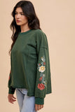 Floral Embroidered Sleeve Mineral Wash Knit Top
