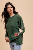 Floral Embroidered Sleeve Mineral Wash Knit Top