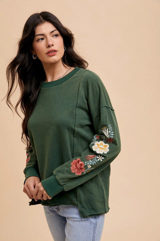 Floral Embroidered Sleeve Mineral Wash Knit Top