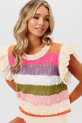 Multi Color Striped Knit top with Ruffle Sleeves