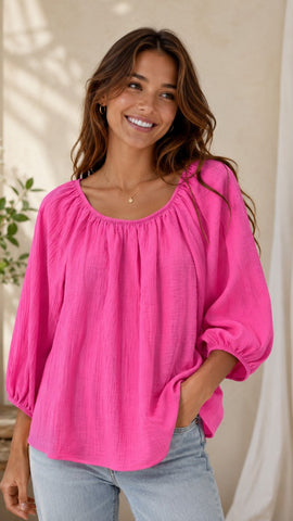 3/4 Length Puff Sleeve Top in Fuchsia