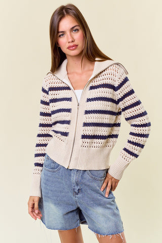Zip-up Striped Pointelle Knit Sweater Jacket