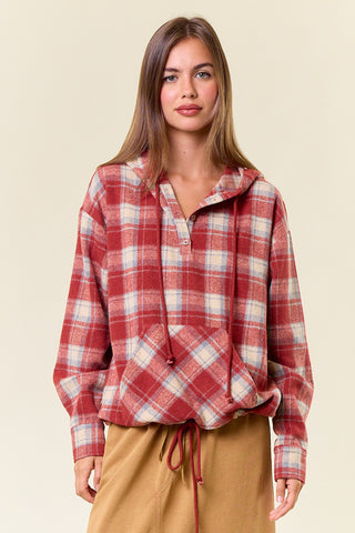 Flannel Plaid Pullover Hoodie W/ Kangaroo Pocket