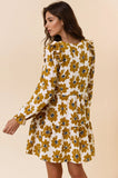 Floral Print Long Sleeve Tiered Dress in Dijon