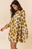 Floral Print Long Sleeve Tiered Dress in Dijon