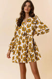 Floral Print Long Sleeve Tiered Dress in Dijon