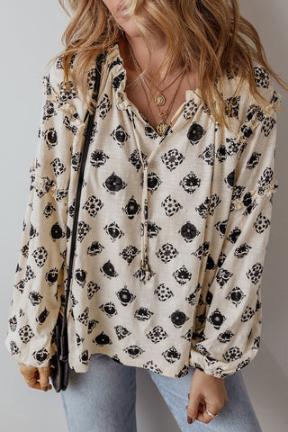 Printed Split Neck Bubble Sleeve Loose Blouse Black and White