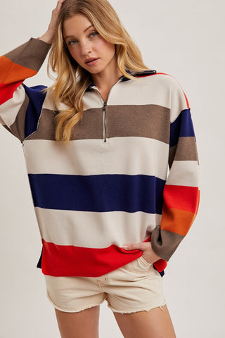 Striped Color Block Half Zipper Knit Pullover