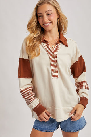 Color Block Contrast Half-button Collar Knit Top