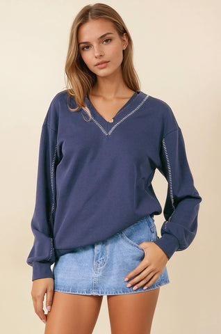 French Terry V-neckline Oversized Sweatshirt in Navy