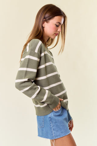 Scallop Neckline Long Sleeve Striped Sweater in Olive