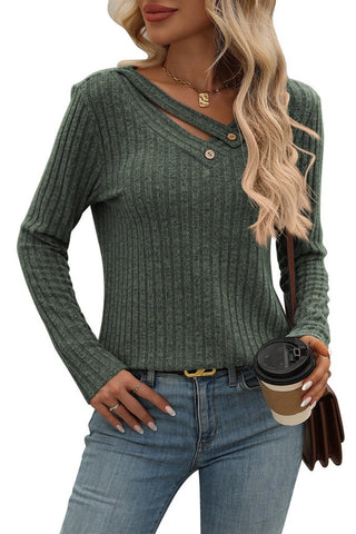 Button Detail V Neck Ribbed Top in Green