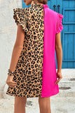 Leopard Patchwork Ruffled Shift Dress in Pink