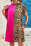 Leopard Patchwork Ruffled Shift Dress in Pink