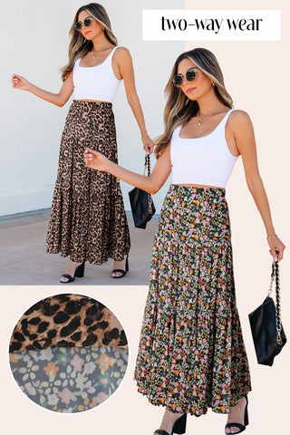 Leopard Floral Reversible Ruffle Hem Maxi Skirt