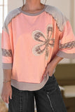Plaid Waffle Flower Patchwork Bracelet Sleeve Top in Orange