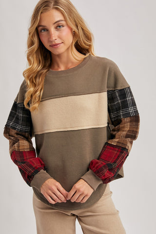 Color Block Plaid Patched Sleeve Sweatshirt