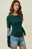 Stripe Color Block Sleeve Top W/ Thumb Hole in Green