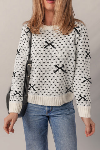 Bow Decor Contrast Ribbed Edge Crew Neck Sweater