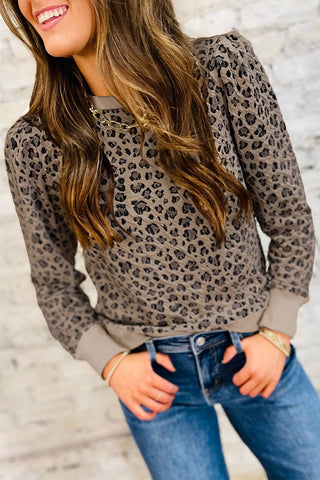 Ribbed Trim Leopard Print Long Sleeve Top