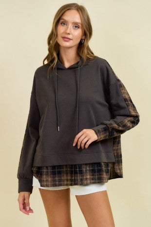 French Terry & Flannel Plaid Mixed Pullover Hoodie