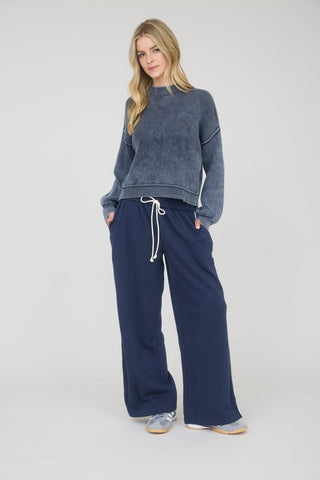 Washed Mock Neck Long Sleeve Knit Pullover Sweater