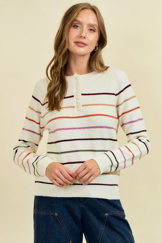 Multi Stripes Button Down Neck Sweater