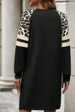 Leopard Print Patchwork Varsity Sweatshirt Dress in Black