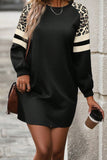 Leopard Print Patchwork Varsity Sweatshirt Dress in Black