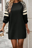 Leopard Print Patchwork Varsity Sweatshirt Dress in Black