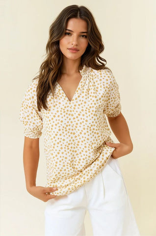 Dot Print Short Sleeve Blouse in Mustard