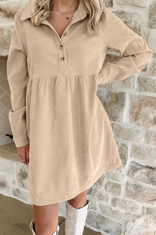 Corduroy Half Button Collared Dress In Oatmeal