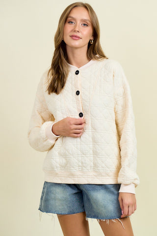 Quilted Jersey Button Front Sweatshirt in Vanilla