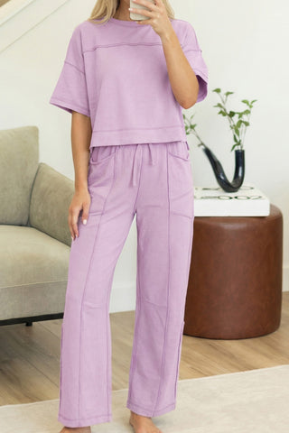 Drop Shoulder Boxy Tee And Barrel Pants Set in Purple