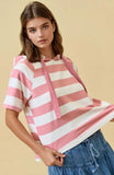 Striped Hoodie Short Sleeve Top in Dusty Pink