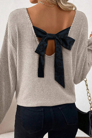 V Neck Contrast Bow Back Long Sleeve in Taupe